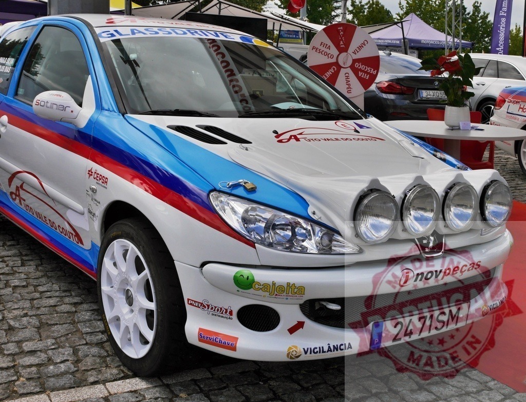 Peugeot 206 rally car displaying sponsor logos at event | Peugeot 206 rally car on display with auxiliary lights and sponsor branding - Realized with Pictrs.com