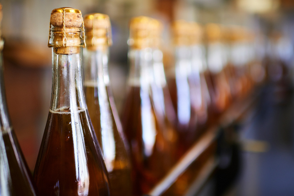 Sektkellerei Szigeti | Gols, Austria - February 19, 2018: Sektkellerei Szigeti, verkorkte und mit einer Agraffe versehene Sektflaschen auf dem Förderband. - Realisiert mit Pictrs.com