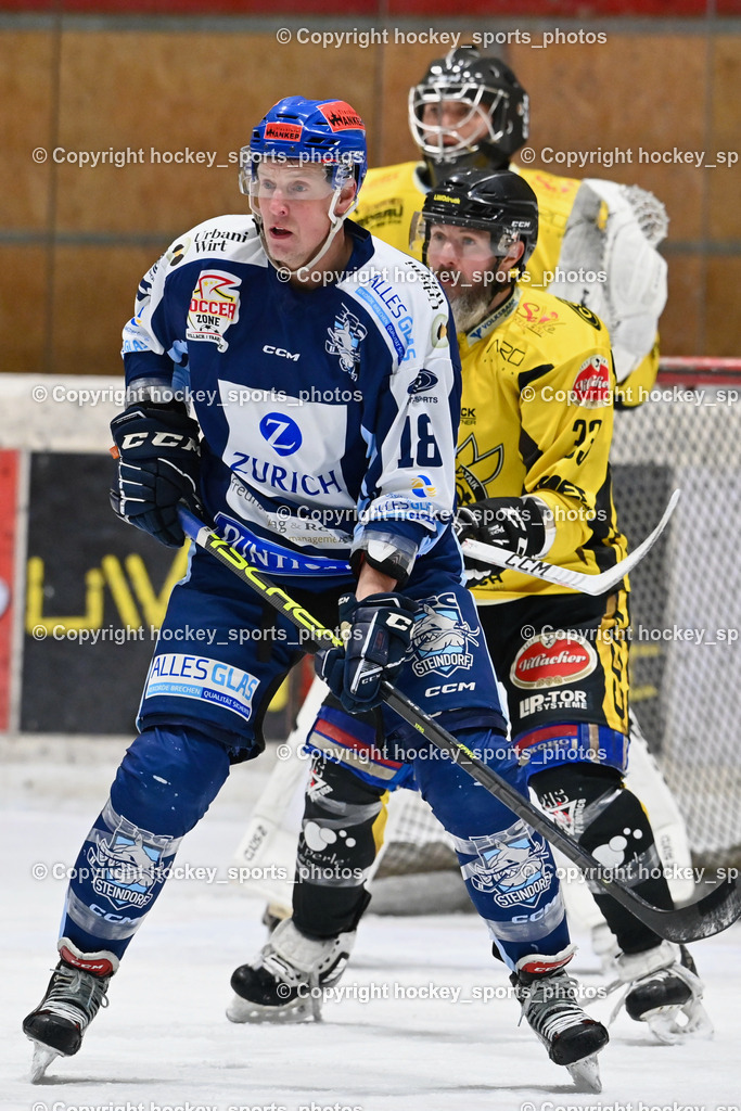EC Hornets Spittal vs. ESC Steindorf 23.2.2024 | #18 Pewal Martin ESC Steindorf, #33 Kabas Michael EC Hornets Spittal, EC Hornets Spittal vs. ESC Steindorf 23.2.2024, EC Hornets Spittal vs. ESC Steindorf 23.2.2024 am 23.02.2024 in Spittal an der Drau (Eissportzentrum Spittal), Austria, (Photo by Bernd Stefan)