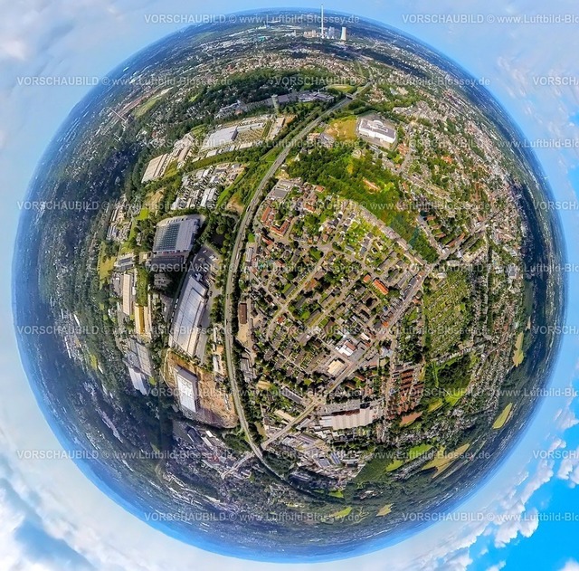 Herne230890072 Pfanni | Luftbild, Gewerbegebiet Güterbahnstraße, Ortsteil Herne-Süd mit Autobahn A43 zwischen Bochum-Riemke und Herne-Eickel, Wohnsiedlung zwischen Riemker Straße und Bochumer Straße, Erdkugel, Fisheye Aufnahme, Fischaugen Aufnahme, 360 Grad Aufnahme, tiny world, Herne-Süd, Herne, Ruhrgebiet, Nordrhein-Westfalen, Deutschland