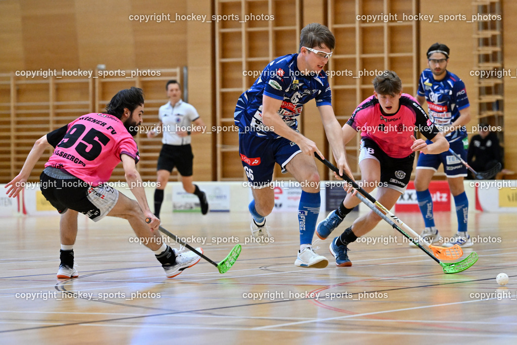 VSV Unihockey vs. Wiener Floorball Verein | #95 FELSBERGER Niklas Wiener Floorballverein, #66 Jakob Rainer VSV Unihockey, #8 KUSCHER Maximilian Wiener Floorballverein, VSV Unihockey vs. Wiener Floorball Verein, VSV Unihockey vs. Wiener Floorball Verein am 18.05.2025 in Villach (Ballspielhalle St. Martin), Austria, (Photo by Bernd Stefan)