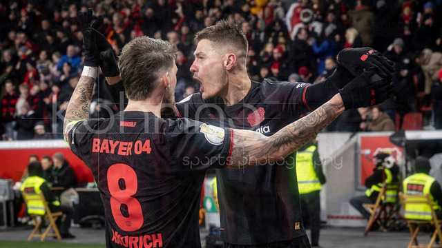 Bayer 04 Leverkusen vs. FC St. Pauli, 03.02.2026 | LEVERKUSEN, GERMANY - FEBRUARY 3:  Patrik Schick (Bayer 04 Leverkusen, 14) celebrates scoring his team's second goal with teammate Robert Andrich (Bayer 04 Leverkusen, 8) during the DFB Cup quarter-final match Bayer 04 Leverkusen vs. FC St. Pauli at BayArena on February 3, 2026 in Leverkusen, Germany. (Photo by Axel Kohring/Beautiful Sports Int.)DFL REGULATIONS PROHIBIT ANY USE OF PHOTOGRAPHS AS IMAGE SEQUENCES AND/OR QUASI-VIDEO.