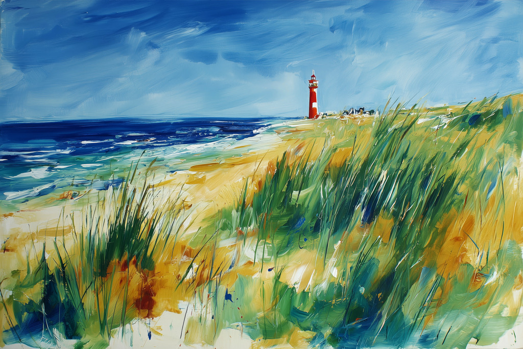 2601013 - Leuchtturm am Meer | Ein Leuchtturm an einer dichtbewachsenen Dünen-und Strandlandschaft im Stil eines Gemäldes.