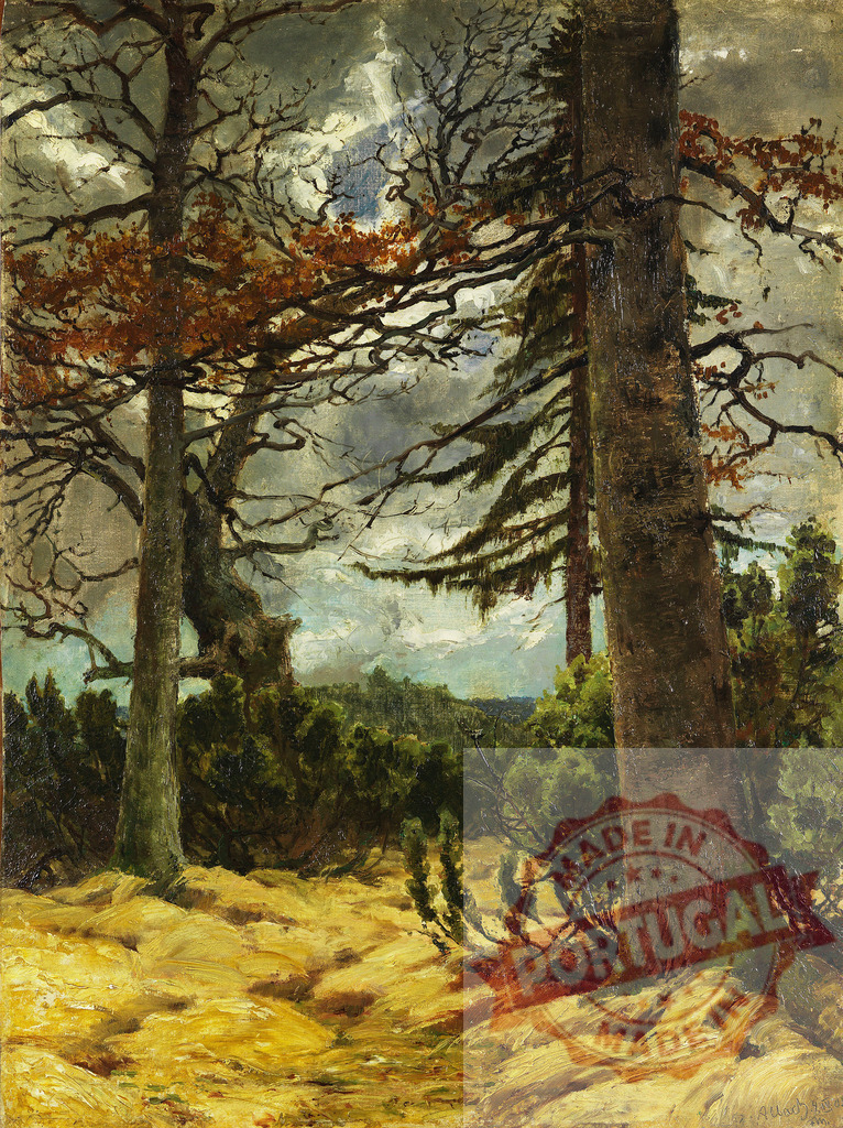 Oil painting showing a stormy autumn forest landscape | Forest landscape painting portraying tall trees, yellow ground, and a dark sky on a gloomy autumn day - Realisiert mit Pictrs.com