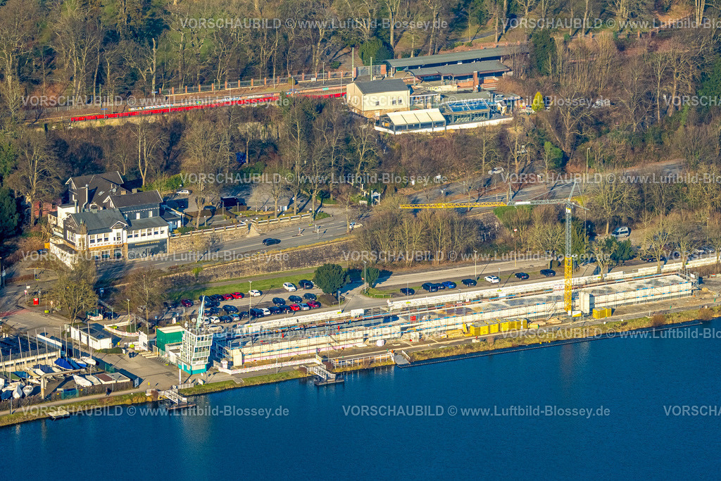 Essen260100801 | Luftbild, Baustelle mit Neubau an der Regattastrecke für neue Regattatribüne am Baldeneysee, links Hotel Parkhaus Hügel, hinten Restaurant Hügoloss und S-Bahnhof Essen-Hügel, Bredeney, Essen, Ruhrgebiet, Nordrhein-Westfalen, Deutschland