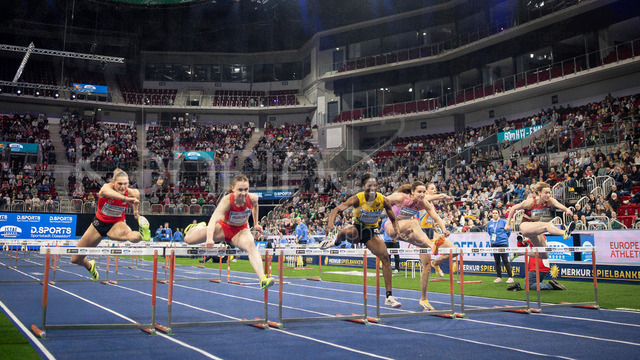 ISTAF Indoor; Duesseldorf, 24.01.2026 | DUESSELDORF, GERMANY - JANUARY 24:  60m hurdles final - Franziska Schuster (GER), Reetta Hurske (FIN), Evonne Britton (GHA), Rosina Schneider (GER), Marlene Meier (GER) during the ISTAF Indoor Dusseldorf at PSD Bank Dome on January 24, 2026 in Duesseldorf, Germany. 