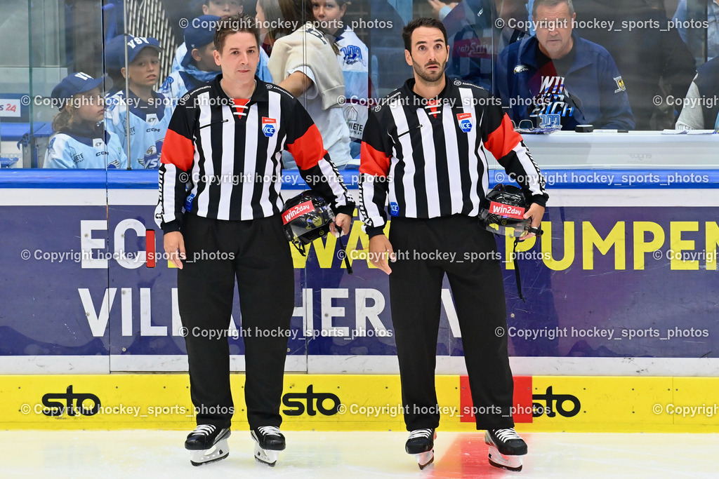 EC IDM Wärmepumpen VSV vs. HC Bozen 19.9.2023 | Piragic Trpimir, Sternat Christoph, Referees, win2day icehockeyleague, EC IDM Wärmepumpen - HC Bozen  am 19.09.2023 in Villach (Stadhalle Villach), Austria, (Photo by Bernd Stefan)