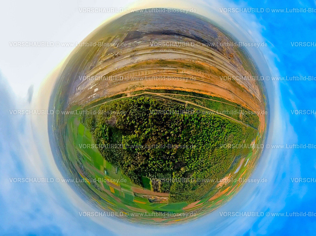 Kempen240490014BraunkohleTagebauHambacherForst | Luftbild, BraunkohleTagebau Hambacher Forst, NSG Naturschutzgebiet Bürgewald Blatzheimer Bürge, Schaufelradbagger, Erdkugel, Fisheye Aufnahme, Fischaugen Aufnahme, 360 Grad Aufnahme, tiny world, little planet, fisheye Bild, Buir, Kerpen, Niederrhein, Nordrhein-Westfalen, Deutschland