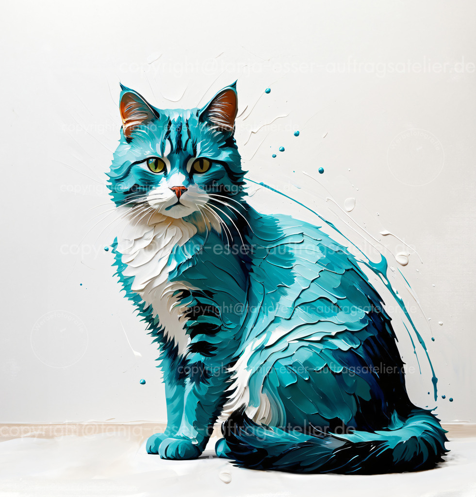 118 Katze Impasto D Shop | 
Eine türkise sibirische Katze im Impasto Mal Stil vor weißem Hintergrund. Dekorative dicke Farbschichten und Kleckse aus mehreren Schichten dicker Farbe. KI generierte digitale Kunst.
