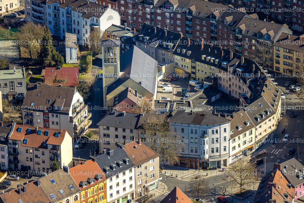 Witten250301103 | Luftbild, Kreuzkirche Lutherische Kirche, halbrunde Wohnanlage, Lutherstraße, Witten, Ruhrgebiet, Nordrhein-Westfalen, Deutschland