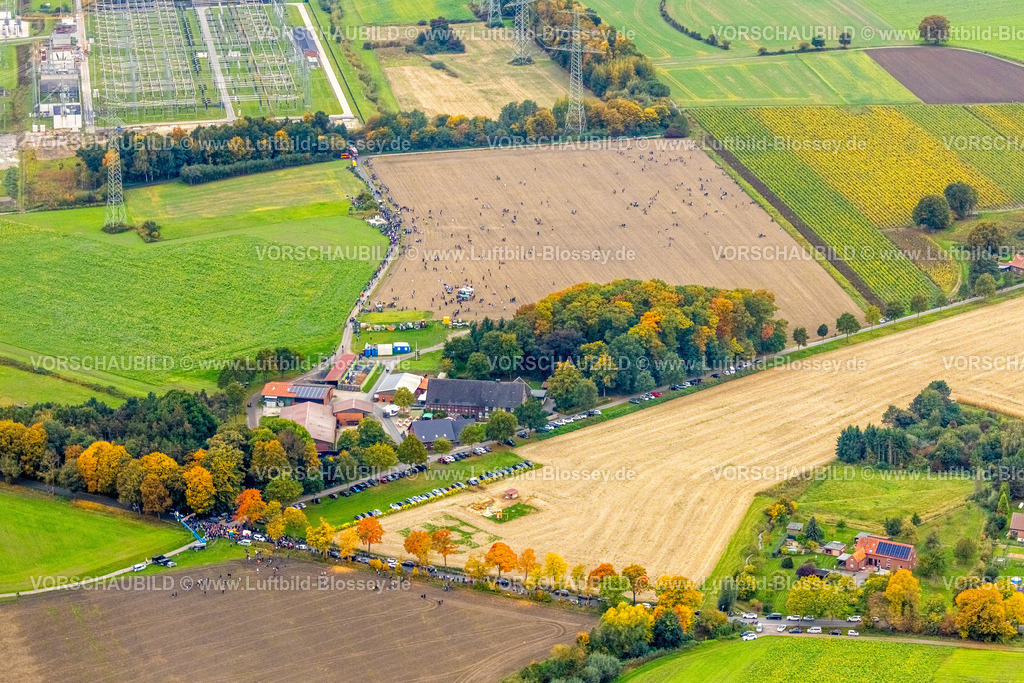 Hamm251000108Gersteinwerk | Luftbild, mit großem interesse verfolgten tausende Zuschauer die Sprengung des Gersteinwerk Schornsteins mit einer halben Stunde Verspätung. Der 282 Meter hohe RWE-Schornstein fiel exakt in das vorbereitete Schotterbeet. Stadtgrenze Werne, Hamm Nordrhein-Westfalen, Deutschland