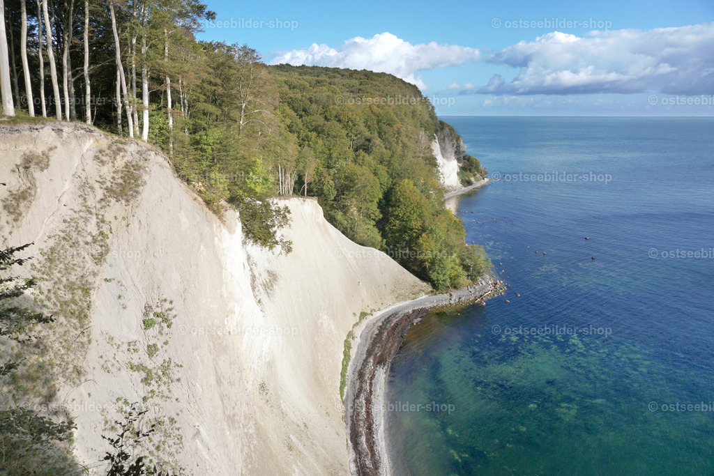 Weiße Kreide und tiefblaue Ostsee | Die hellen, hohen Kreidefelsen am Kollicker Ufer bilden einen reizvollen Kontrast zum dunkelblauen Wasser der Ostsee. Im Hintergrund erkennt man das Kreideriff am Kollicker Ort.