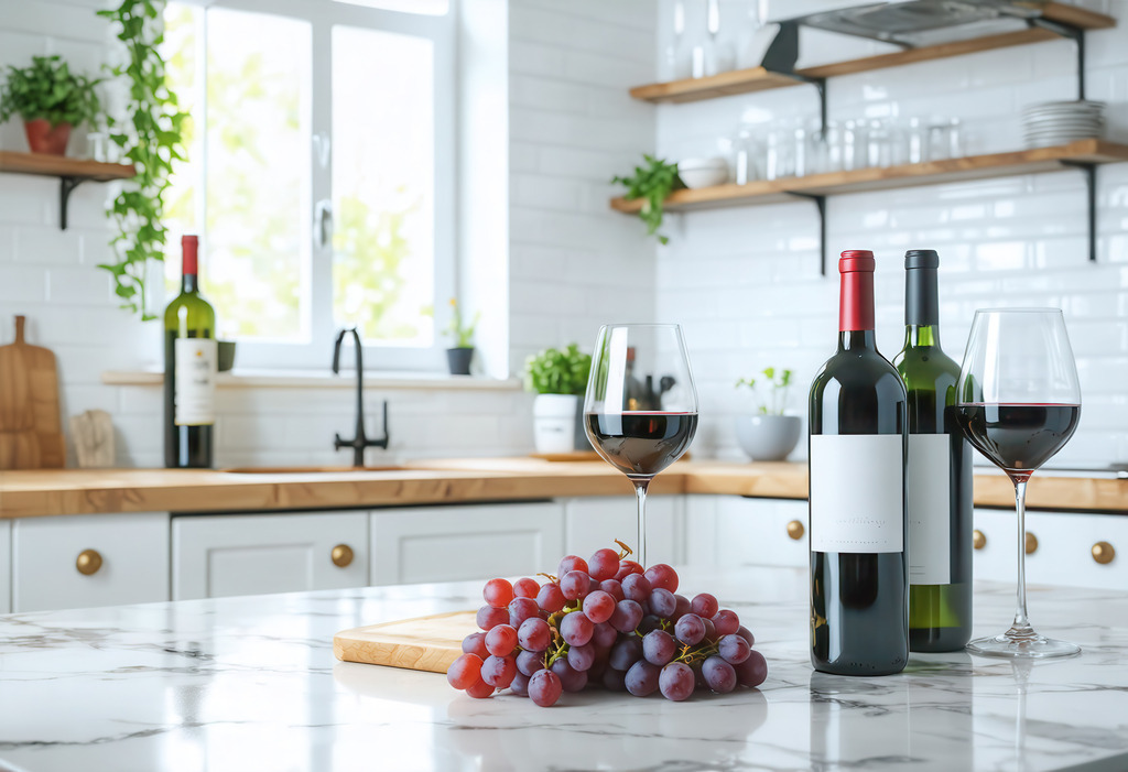 Wandbild: Weingenuss in moderner Harmonie - Eleganz trifft Natürlichkeit | Zwei Flaschen Rotwein, gefüllte Weingläser und ein frisches Bund roter Trauben stehen auf einer edlen Marmorarbeitsplatte in einer hellen, stilvoll eingerichteten Küche mit weißen Fliesen, Holzakzenten und offenem Regaldesign. Dieses Motiv verbindet zeitgemäßes Interieur mit der klassischen Ästhetik des Weingenusses – ein stillvoller Moment voller Ruhe und Geschmack. KI-generierte Inhalte.