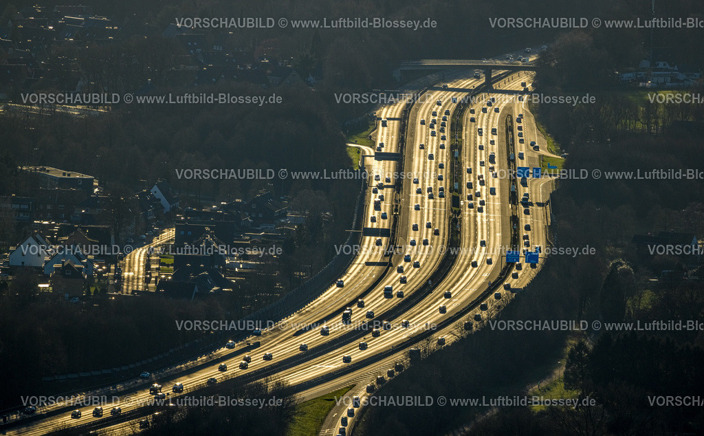 Bottrop240107954 | Luftbild, Autobahn A2 Dreieck Bottrop Straßenverkehr im Gegenlicht zur Goldenen Stunde, Stadtwald, Bottrop, Ruhrgebiet, Nordrhein-Westfalen, Deutschland