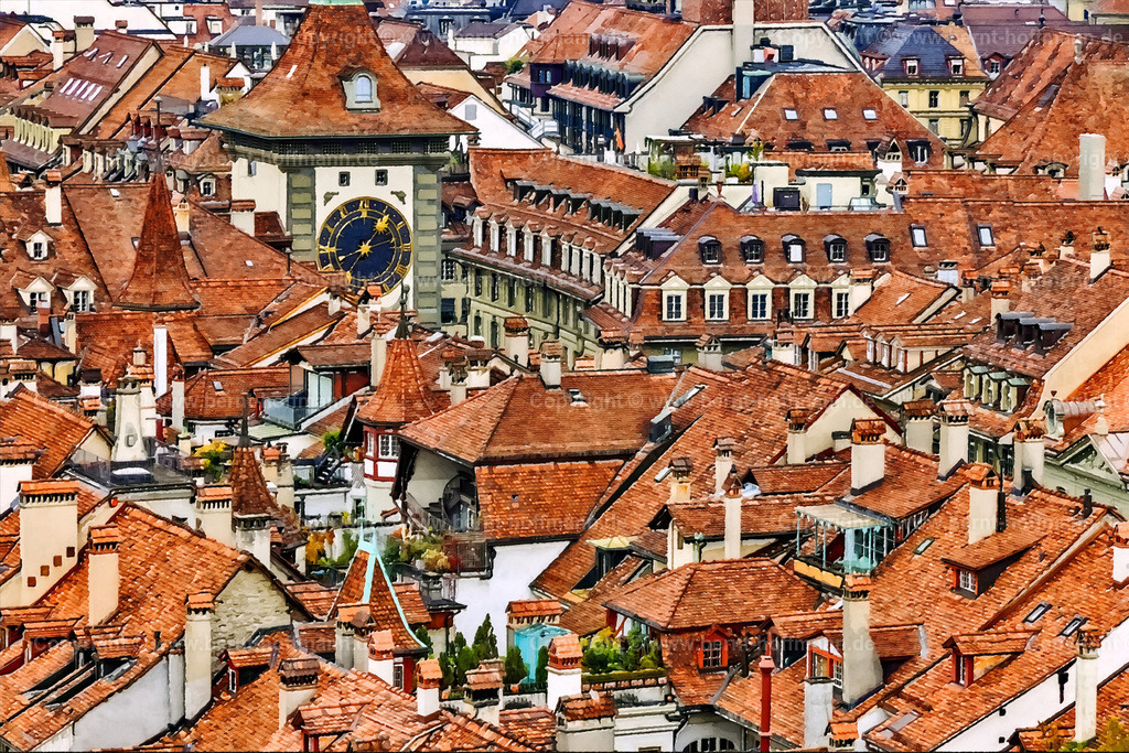 PAD2_RH_Bern-Altstadt_180x120 | DIGITALKUNST. Über den Dächern von Bern. __ Die Schweizer Bundesstadt Bern ist ausgezeichnet als  Weltkulturerbe der UNESCO. __ Das Basisfoto für dieses malerisch verwandelte Werk hat der Schweizer Hobbyfotograf Rene Hinder gemacht und es Bernt Hoffmann für dessen Kunstpart zur Verfügung gestellt. __ Seitenverhältnis = 3 zu 2 - Realisiert mit Pictrs.com