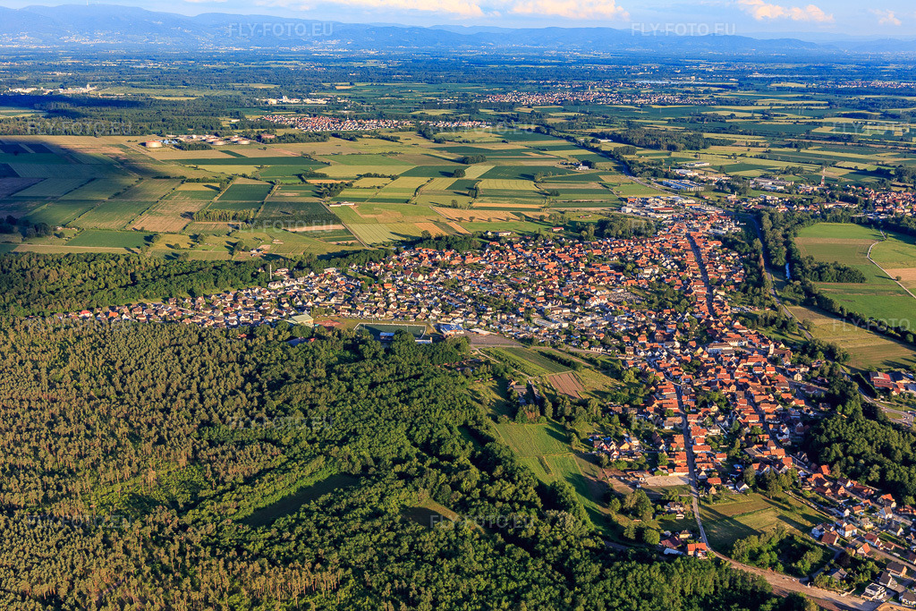 Vue aérienne: Vue de la ville depuis le nord à Oberhoffen-sur-Moder dans le département Bas Rhin, France – .Photo: IMG_115492.jpg prise le 16/06/2019 par Werner Riehm/FLY-FOTO.eu – Résolution de l'original: 5472 x 3648 px