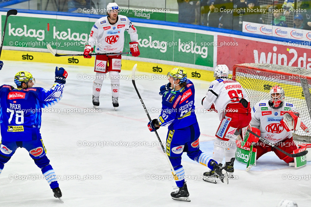 EC IDM Wärmepumpen VSV vs. EC KAC 12.3.2023 | #78 Maxa Felix, #81 Richter Marco, Jubel EC VSV Mannschaft, #97 Hochegger Fabian, #32 Dahm Sebastian, #8 Petersen Nicholas Eric