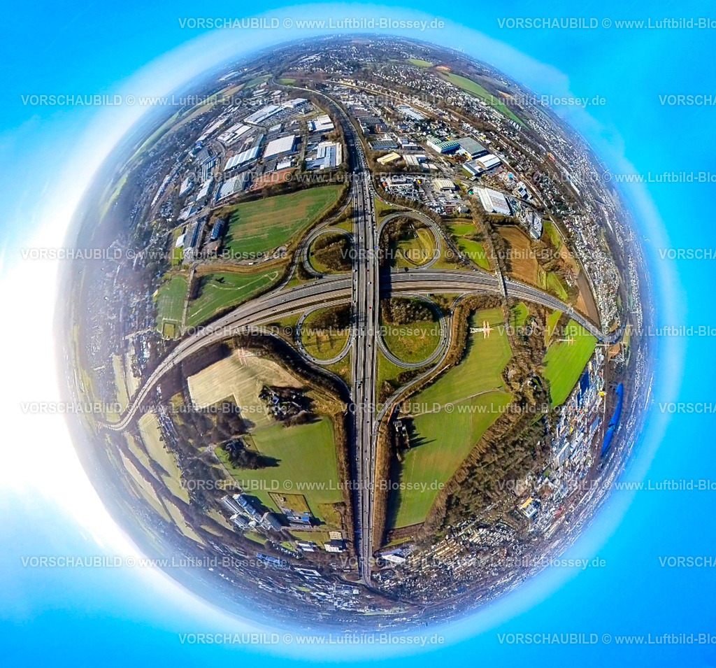 Dortmund240190041BAB-KreuzDortmundWestA40 | Luftbild, BAB Autobahnkreuz Dortmund-West der Autobahn A40 und Autobahn A45, Wiesen und Felder, Gewerbegebiet Indupark Gewerbepark Kley, Erdkugel, Fisheye Aufnahme, Fischaugen Aufnahme, 360 Grad Aufnahme, tiny world, little planet, fisheye Bild, Oespel, Dortmund, Ruhrgebiet, Nordrhein-Westfalen, Deutschland