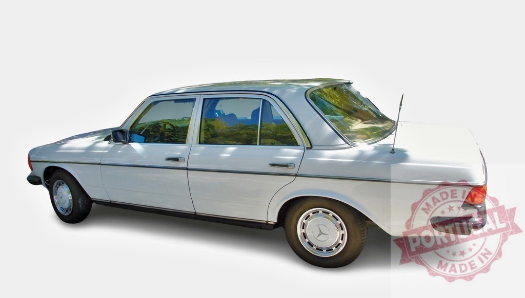 White Mercedes-Benz W123 parked on white background | Vintage white Mercedes-Benz W123 sedan posing on white background - Realized with Pictrs.com