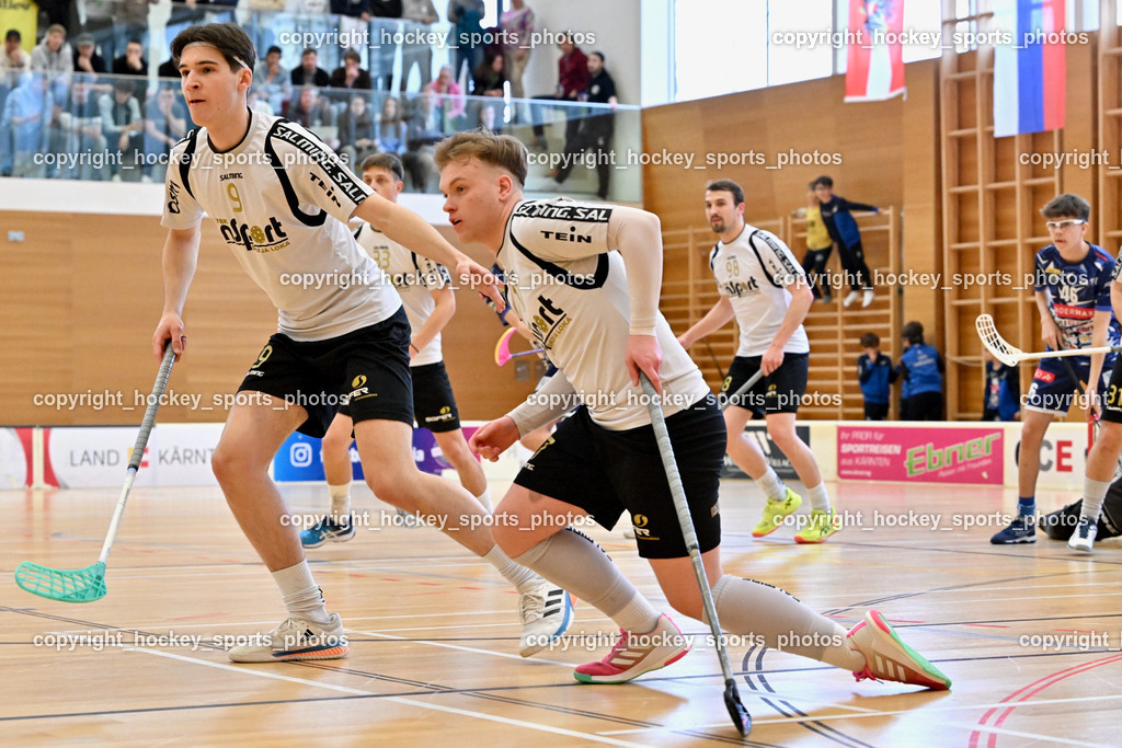 FBK Loka vs. VSV Unihockey | #17 Anze Podobnik FBK Loka, #9 Nejc Peklaj FBK Loka, FBK Loka vs. VSV Unihockey, FBK Loka vs. VSV Unihockey am 23.03.2025 in Villach (Ballspielhalle St. Martin), Austria, (Photo by Bernd Stefan)