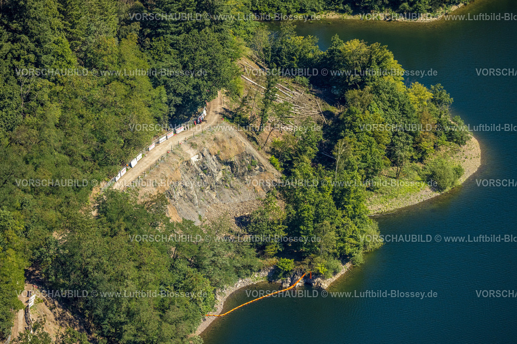 Ennepetal230800842 | Luftbild, Hasper Talsperre, Waldschäden und Absperrung wegen Bergrutsch, Haspe, Hagen, Ruhrgebiet, Nordrhein-Westfalen, Deutschland