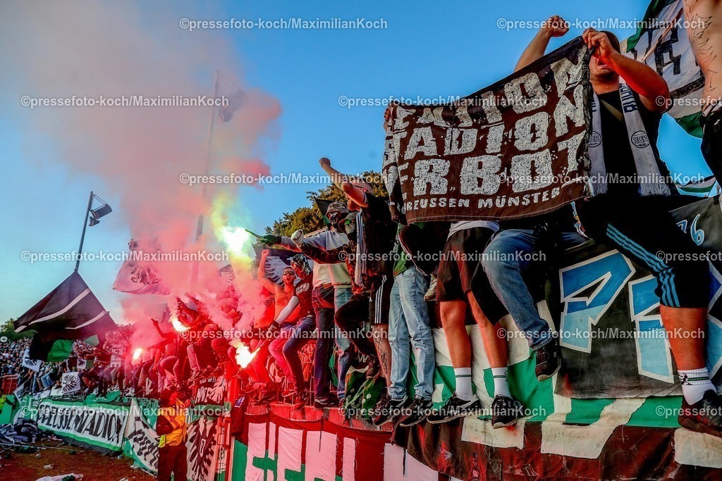 SCP09052502292 | 09.05.2025, Fußball, Preußen Münster - Hertha BSC, 2. Fußball Bundesliga, 33. Spieltag, Preußenstadion, Saison 2024 2025: Die Ultras feiern die Mannschaft nach dem Sieg Feature Fans Zuschauer BesucherDFB regulations prohibit any use of photographs as image sequences and or quasi-video.