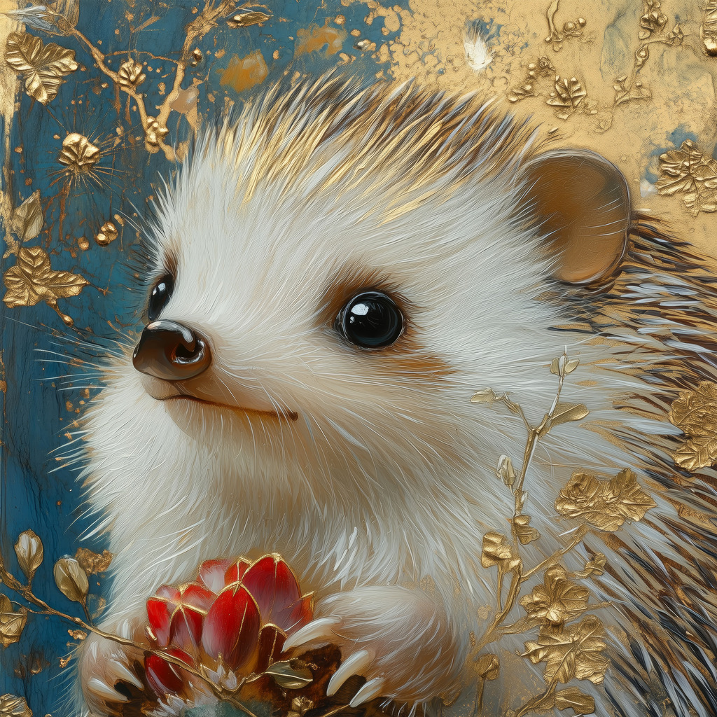 2410025 - Goldigel | Ein Igel im Stil eines Gemäldes mit goldenen Farbakzenten als hochwertiger Kunstdruck.