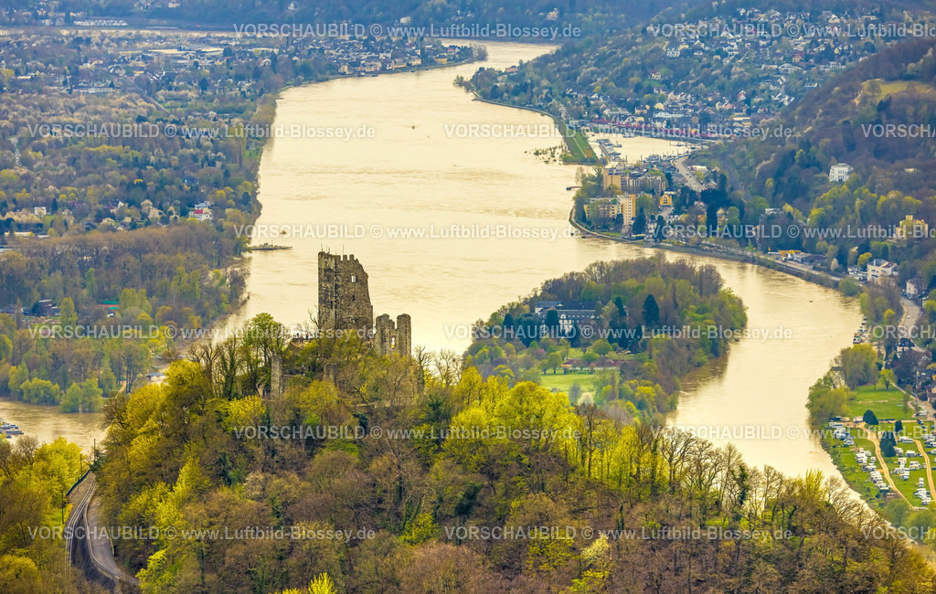Koenigswinter220403735Drachenfels | Luftbild, Drachenfels, mittelalterliche Burgruine mit Blick auf das Rheintal und die Insel Nonnenwerth, Königswinter, Rheinland, Nordrhein-Westfalen, Deutschland