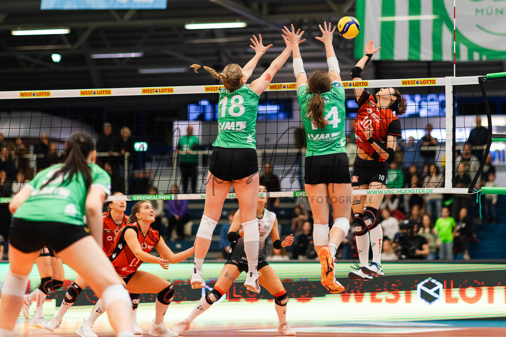 Volleyball, 1. Bundesliga Frauen, Hauptrunde, 8. Spieltag, Saison 2025/2026: USC Münster - Dresdner SC | 1. Bundesliga Frauen, Hauptrunde, 8. Spieltag, Saison 2025/2026, USC Münster empfängt Dresdner SC in der Sporthalle Berg Fidel in Münster. Foto: sportfotografie.ms | Markus Paletta - Realisiert mit Pictrs.com