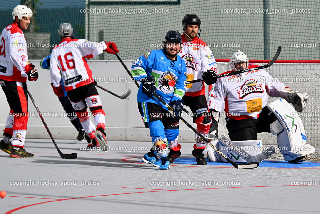 SV ASKÖ Ballhockey Villach vs. Ultras Spittal | #1 Boschitz Anton HSC Zwa, #48 Krall Felix HSC Zwa, #93 Kersche Jürgen SV ASKÖ Ballhockey, #16 Seger-Oman Martin HSC Zwa, #21 Stanossek Gerald HSC Zwa, SV ASKÖ Ballhockey Villach vs. Ultras Spittal, SV ASKÖ Ballhockey Villach vs. Ultras Spittal am 10.05.2026 in Villach (Alpen Arena ), Austria, (Photo by Bernd Stefan)