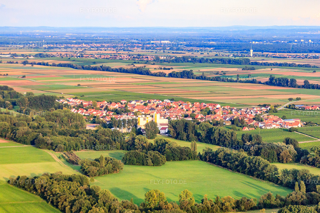 Luftbild: Ortsansicht von Westen in Freimersheim im Bundesland Rheinland-Pfalz in Deutschland. Foto: IMG_71240.jpg vom 27.08.2014 durch Werner Riehm/FLY-FOTO.deAuflösung des Originals: 4626 x 3084 px