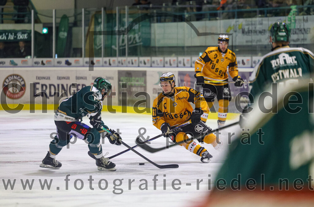 2025-11-02_028_TSV_Erding_gegen_EV_Fuessen | Erding, Deutschland, 02.11.2025:Eishockey, Oberliga Süd 2025 / 2026, 15. Spieltag, TSV Erding gegen EV Füssen, Endergebnis: 2:6Philipp Michl (Erding Gladiators, #77), Simon Boyko (EV Füssen, #61)Foto: Christian Riedel / fotografie-riedel.net