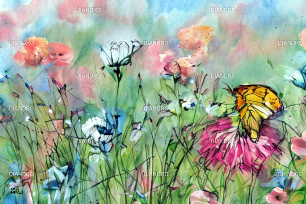 Blumenwiese mit Schmetterling Aquarell | DIANDRO
