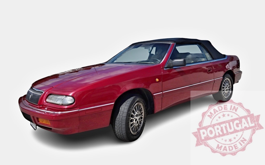 Red Chrysler LeBaron convertible parked with closed roof on white background | Classic Chrysler LeBaron convertible with closed roof, showcasing its vintage charm - Realized with Pictrs.com