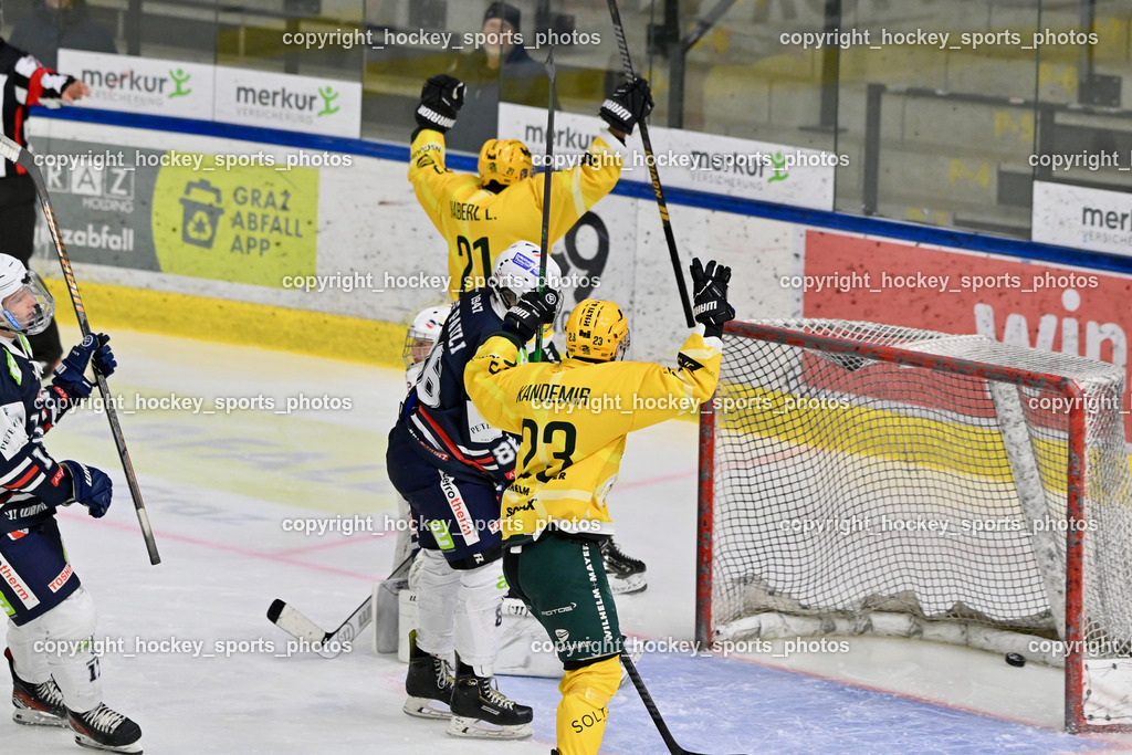 ATSE Graz vs. EHC Lustenau | Jubel EHC Lustenau Mannschaft, #23 Kandemir Adem EHC Lustenau, #21 Haberl Lucas EHC Lustenau, ATSE Graz vs. EHC Lustenau, ATSE Graz vs. EHC Lustenau am 14.02.2026 in Graz (Merkur Eishalle ), Austria, (Photo by Bernd Stefan)
