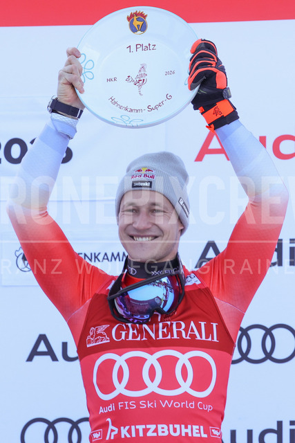 Audi FIS Ski World Cup: Men’s Slalom – Hahnenkamm Race, Kitzbuehel | Kitzbuehel, Austria, 25.Jan.26 - Alpine Skiing - FIS World Cup, Hahnenkamm Race, Slalom, men. The image shows ODERMATT Marco (SUI, Stoeckli) first place with trophy.