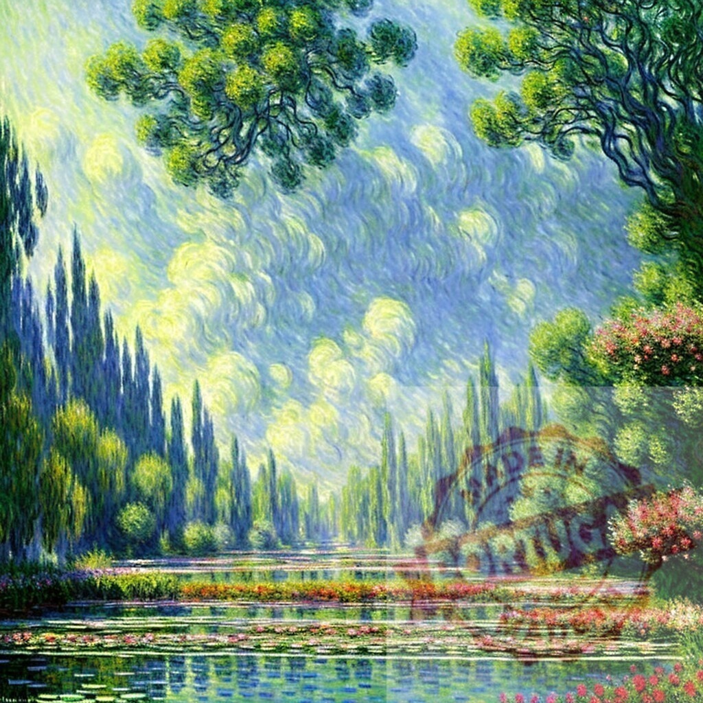 Impressionist painting depicting pond with reflecting water lilies. AI Experiments | Serene garden pond featuring cypress trees, green foliage, and colorful water lilies in an impressionistic style - Realized with Pictrs.com