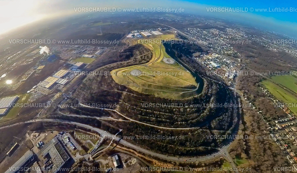 Herten240190086HaldeHoheward | Luftbild, Bergehalde Hoheward mit der Sehenswürdigkeit Horizontobservatorium, Landschaftspark, Erdkugel, Fisheye Aufnahme, Fischaugen Aufnahme, 360 Grad Aufnahme, tiny world, little planet, fisheye Bild, , Herten, Ruhrgebiet, Nordrhein-Westfalen, Deutschland