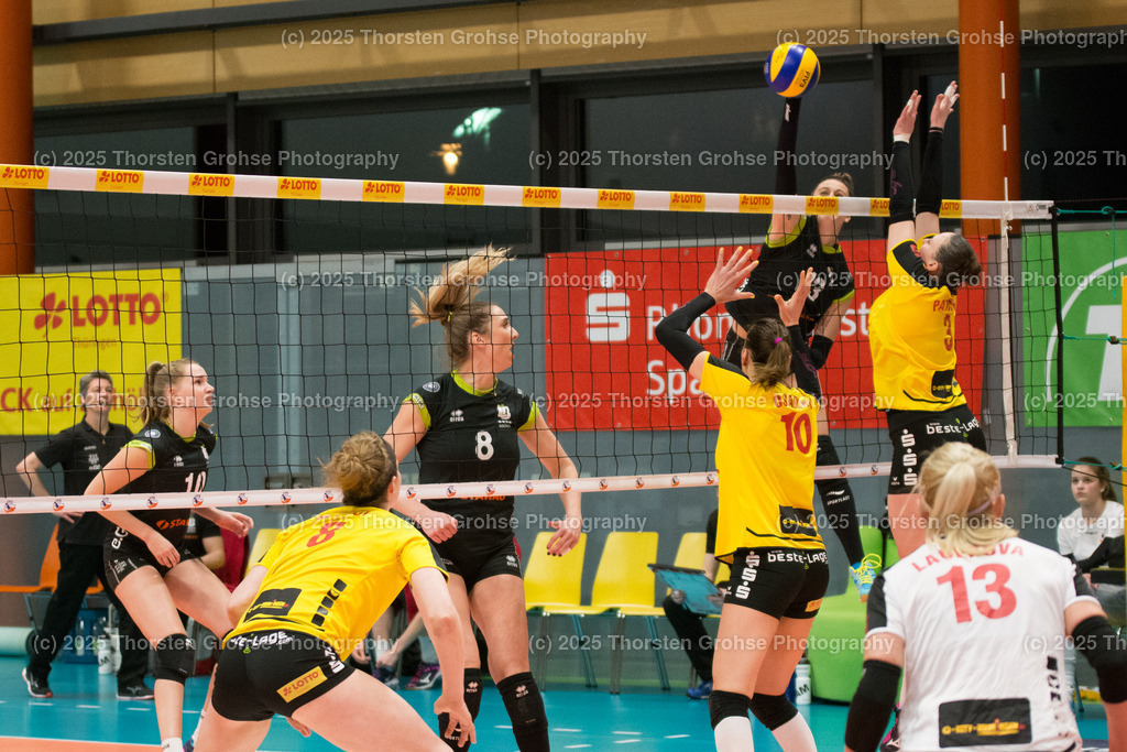 VBL VFB SUHL vs. LADIES IN BLACK AACHEN | Aachen in SCHWARZ gegen Suhl in GELB; VBL VFB SUHL vs. LADIES IN BLACK AACHEN, Volleyball-Bundesliga Frauen am 03.02.2018 in der Multihalle in Meiningen, (Deutschland) - Realisiert mit Pictrs.com
