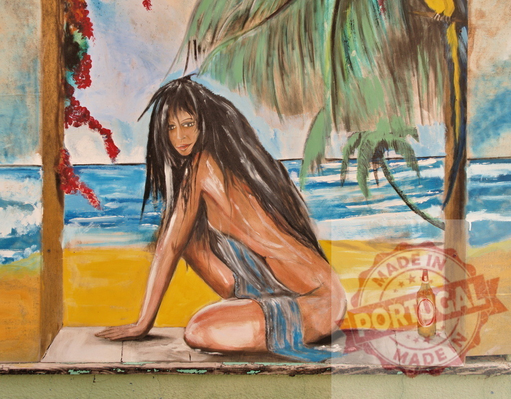 Tropical beach painting featuring woman and palm tree | Woman sitting on beach with palm tree and ocean in a colorful folk art style painting - Realized with Pictrs.com