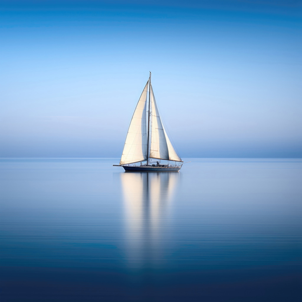 2310008 - Segelboot auf stillem Wasser | Faszinierendes Motiv eines Segelboots auf einem ruhigen Meer.
