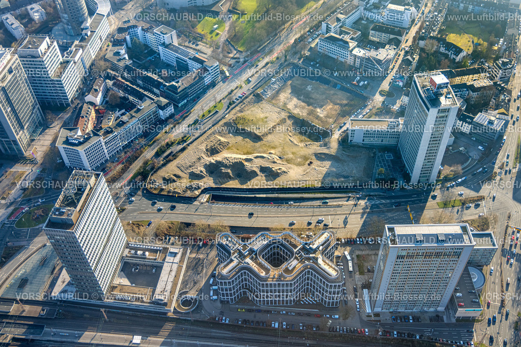 Essen260100886 | Luftbild, Campus Essen Baustelle am Hauptbahnhof, innogy SE, Fakt Tower, DB Schenker und Postbank Hochhaus, Südviertel, Essen, Ruhrgebiet, Nordrhein-Westfalen, Deutschland