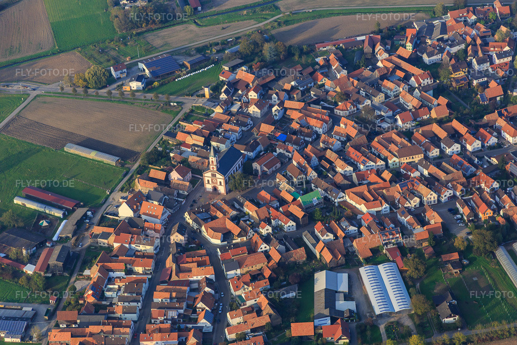 Luftbild: Hauptstraße Kirchstr in Neupotz im Bundesland Rheinland-Pfalz in Deutschland. Foto: IMG_075511.jpg vom 26.10.2014 durch Werner Riehm/FLY-FOTO.de