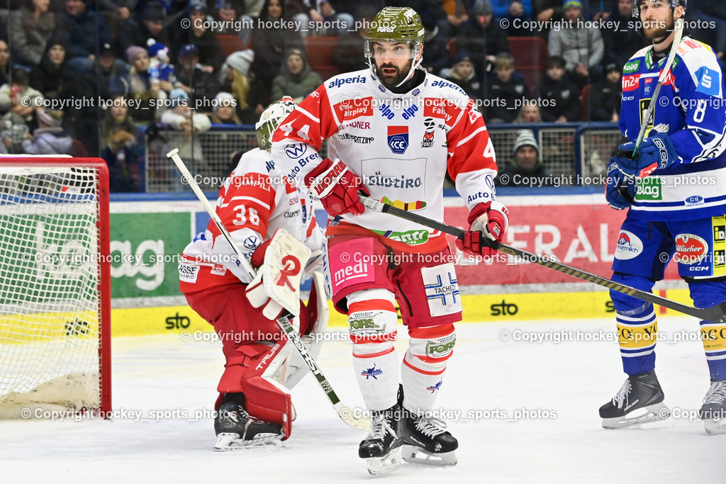 EC IDM WÄRMEPUMPEN VSV vs. HCB Südtirol Alperia | #44 Scott Valentine HCB Südtirol Alperia, #38 Samuel Harvey HCB Südtirol Alperia, #8 Maximilian Rebernig EC VSV, EC IDM WÄRMEPUMPEN VSV vs. HCB Südtirol Alperia, EC IDM WÄRMEPUMPEN VSV vs. HCB Südtirol Alperia am 28.12.2025 in Villach (Stadthalle Villach), Austria, (Photo by Bernd Stefan)