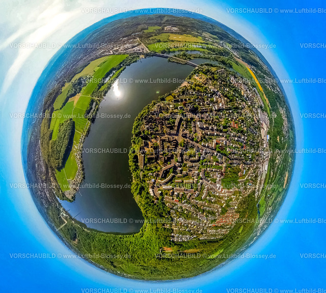 Wetter240590196HarkortSee_Freiheit | Luftbild, Ortsansicht und mittelalterlicher Ortskern Freiheit, Harkortsee mit Campingplatz Wassersportverein und Campingverein Hagen e.V., Erdkugel, Fisheye Aufnahme, Fischaugen Aufnahme, 360 Grad Aufnahme, tiny world, little planet, fisheye Bild, , Wetter, Ruhrgebiet, Nordrhein-Westfalen, Deutschland