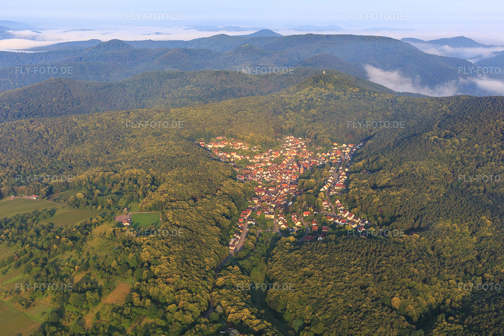 Luftbild: Verstecktes Dorf im Pfälzerwald aus Osten in Dörrenbach im Bundesland Rheinland-Pfalz in Deutschland. Foto: IMG_107808.jpg vom 10.06.2018 durch Werner Riehm/FLY-FOTO.de