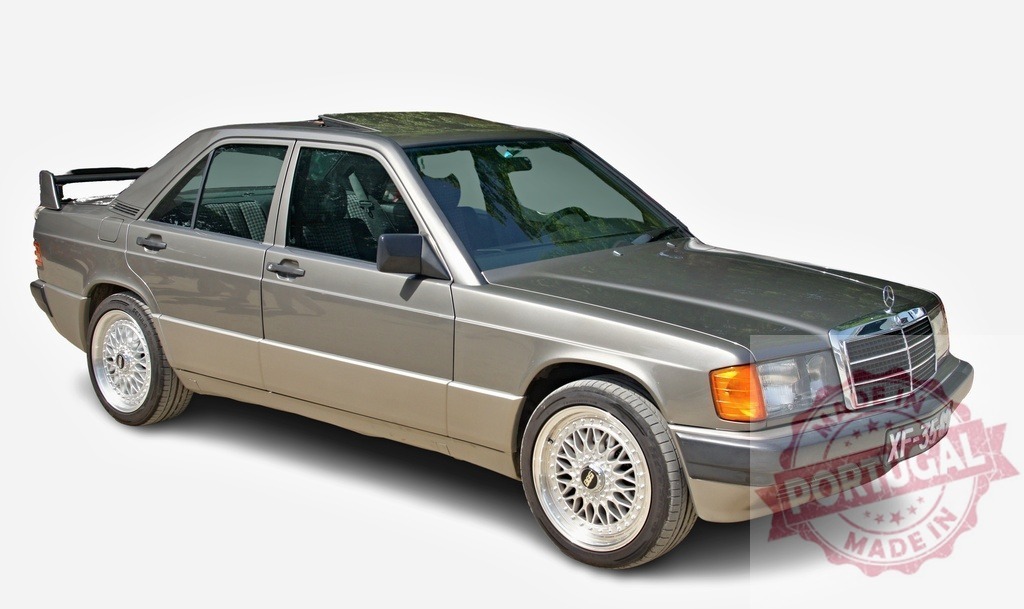 Mercedes-Benz 190E 2.3-16 classic car cutout | Mercedes-Benz 190E 2.3-16 vintage sports sedan featuring BBS wheels and spoiler - Realized with Pictrs.com