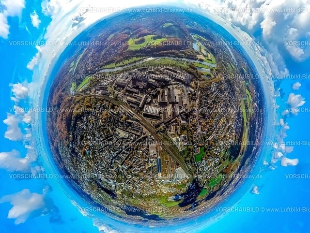 Witten231190040DeutscheEdelstahlwerke-topaz | Luftbild, Werksgelände Deutsche Edelstahlwerke Specialty Steel GmbH & Co. KG Hauptsitz Witten, Hauptbahnhof Hbf und Bahngleise, Blick zum Waldgebiet Muttental und Fluss Ruhr mit Ruhraue im Ruhrtal, Erdkugel, Fisheye Aufnahme, Fischaugen Aufnahme, 360 Grad Aufnahme, tiny world, little planet, fisheye Bild, , Witten, Ruhrgebiet, Nordrhein-Westfalen, Deutschland