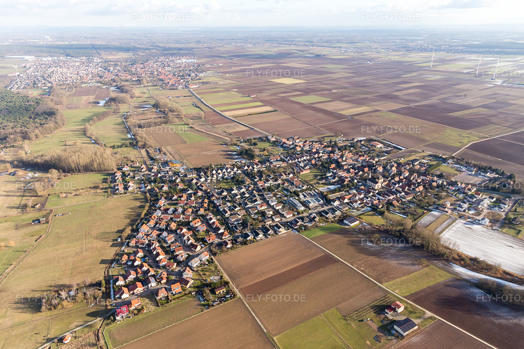 Luftbild: landwirtschaftlichen Feldern und Nutzflächen in Knittelsheim im Bundesland Rheinland-Pfalz in Deutschland. Foto: IMG_096265.jpg vom 15.01.2017 durch Werner Riehm/FLY-FOTO.de