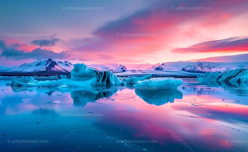 Artic Sunset Scene With Floating Icebergs | An enchanting Arctic sunset illuminates a serene scene of floating icebergs and calm, icy waters. This canvas brings the tranquility of polar landscapes indoors, with hues of pink and blue highlighting the crisp, refreshing beauty of the Arctic. Ideal for creating a peaceful, yet striking focal point. - Realisiert mit Pictrs.com